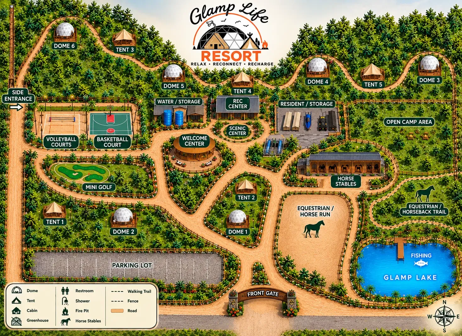 Illustrated site map of Glamp Life Resort showing domes, tents, welcome center, recreation areas, horse trails, and Glamp Lake