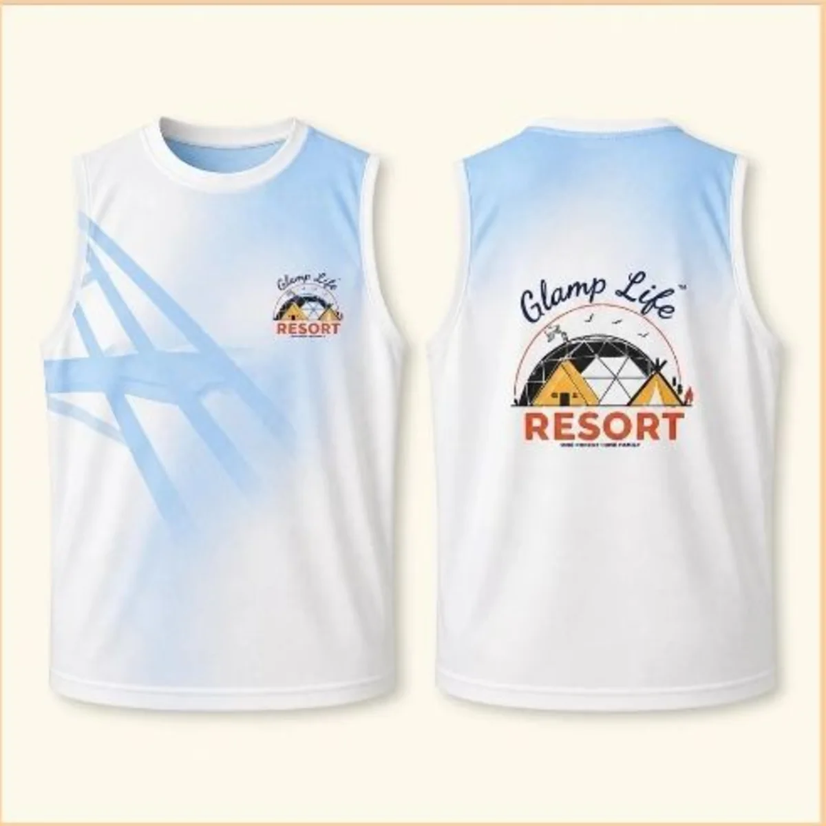 White and blue Glamp Life Resort unisex apparel set